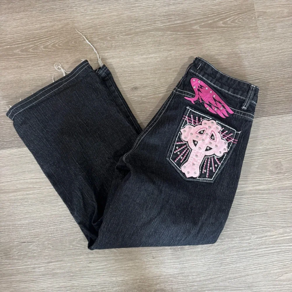 Disclosure Jeans Women 7/28 Black Wide Leg Y2K Cross Embroidered Raw Hem